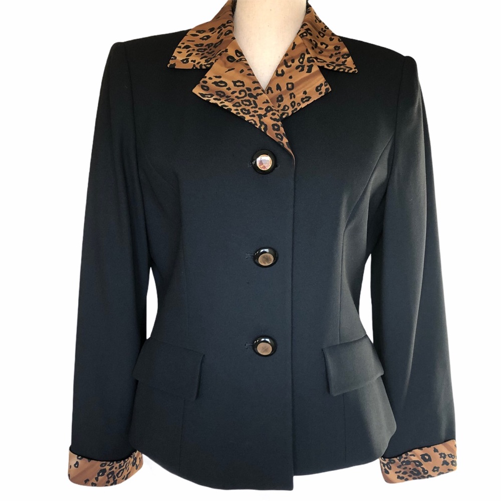 Kasper ALS Petite Black Jacket Animal Print Trim